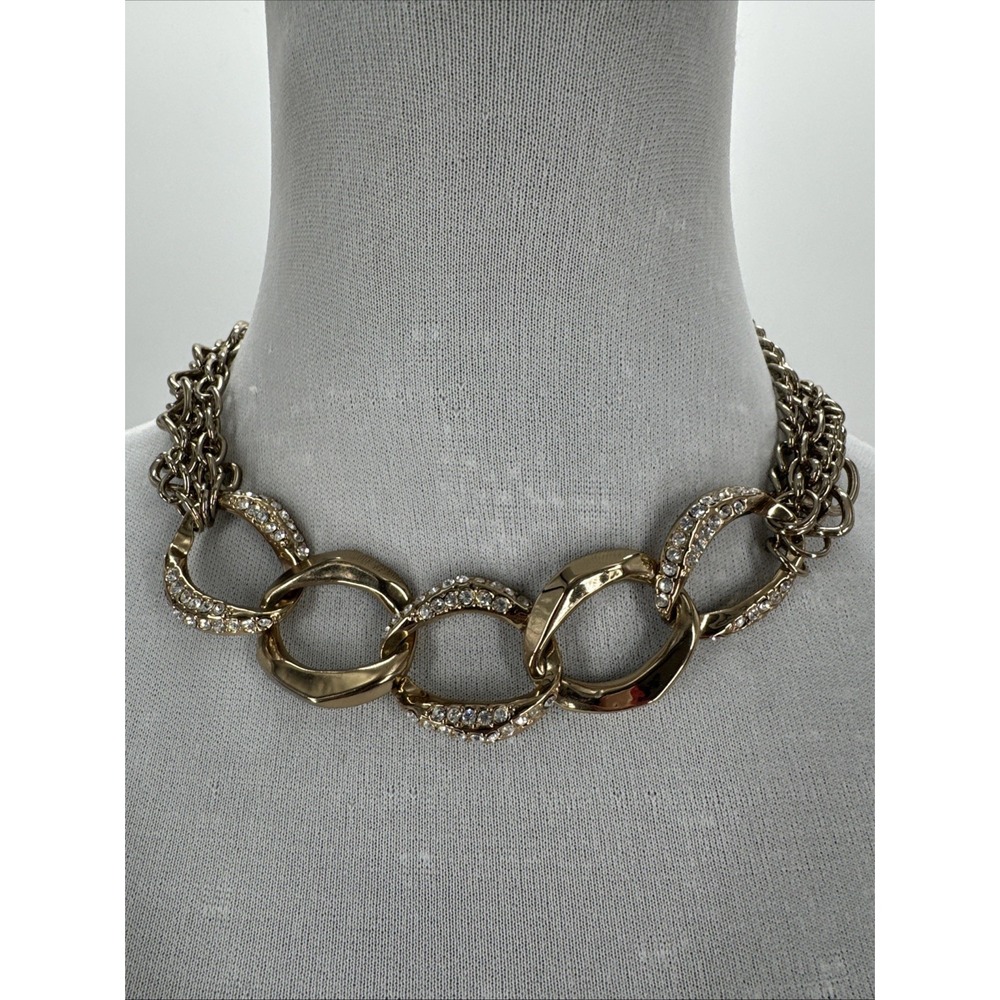 Chunky Chain Choker Collar Necklace Gold Tone‎ 18" Shiny Faux Diamond Statement